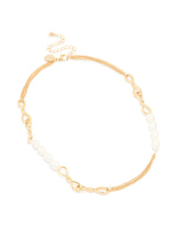 Gold Plated Freshwater Pearl & Twisted Link Chain Necklace - link has visual effect only