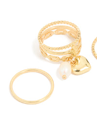 Gold Plated Pearl Heart Charm & Textured Rings 4-Pack - link has visual effect only