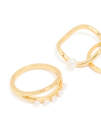 Gold Plated Cubic Zirconia Pearl Wavy Rings 4-Pack - link has visual effect only