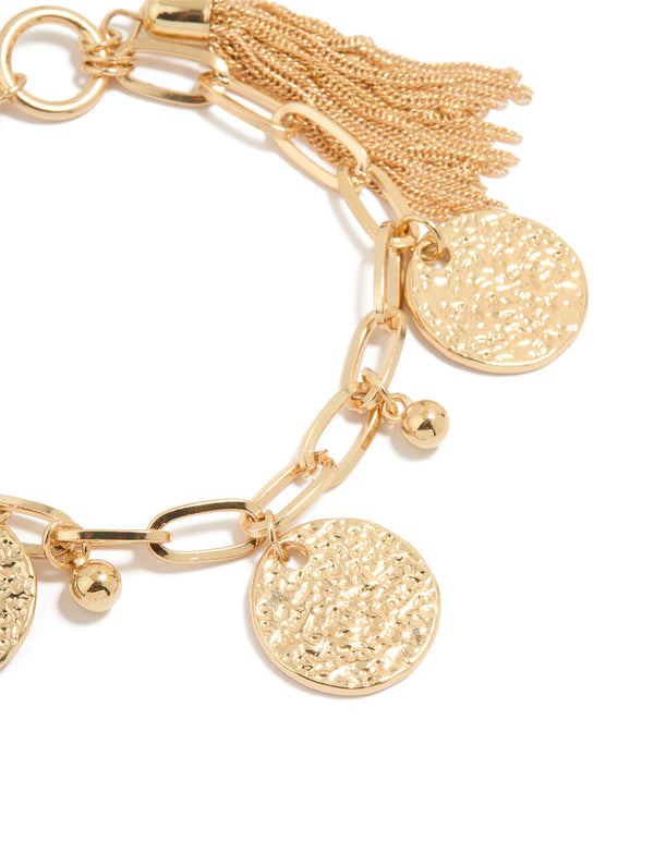 Gold Tassel & Textured Coin Charm Bracelet