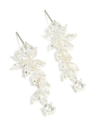 Showcasing silver plated cubic zirconia medium flower vine drop earrings featuring leaf details front view - link has visual effect only