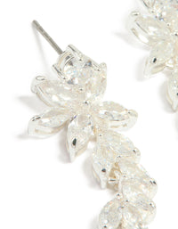 Detailed view of silver plated cubic zirconia medium flower vine drop earrings highlighting leaf elements close up view - link has visual effect only