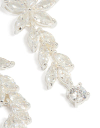 Highlighting the intricate silver plated cubic zirconia medium flower vine drop earrings with leaf detailing post detail view - link has visual effect only