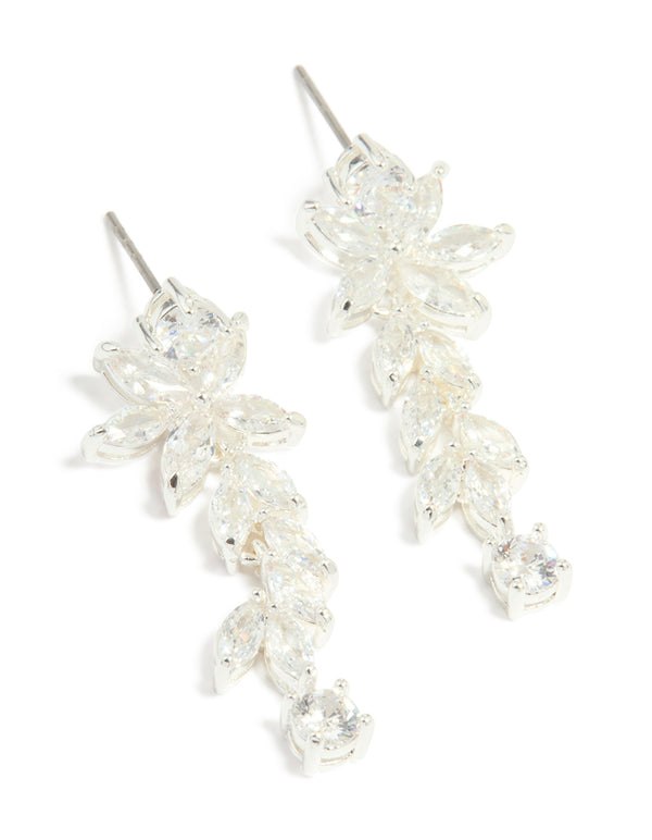 Showcasing silver plated cubic zirconia medium flower vine drop earrings featuring leaf details front view