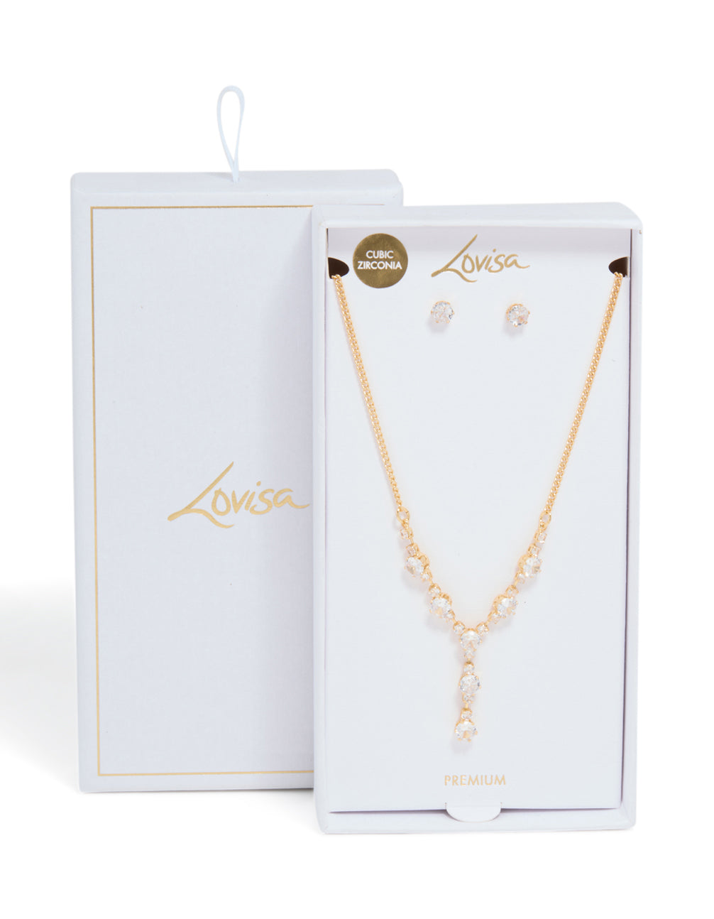 Gold Plated Cubic Zirconia Oval Lariat Necklace & Earrings Set