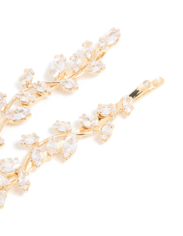 Gold Plated Cubic Zirconia Vine & Leaf Hair Clips 2-Pack