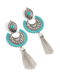 Antique Silver Blue Round Western Tassel Drop Earrings - link has visual effect only
