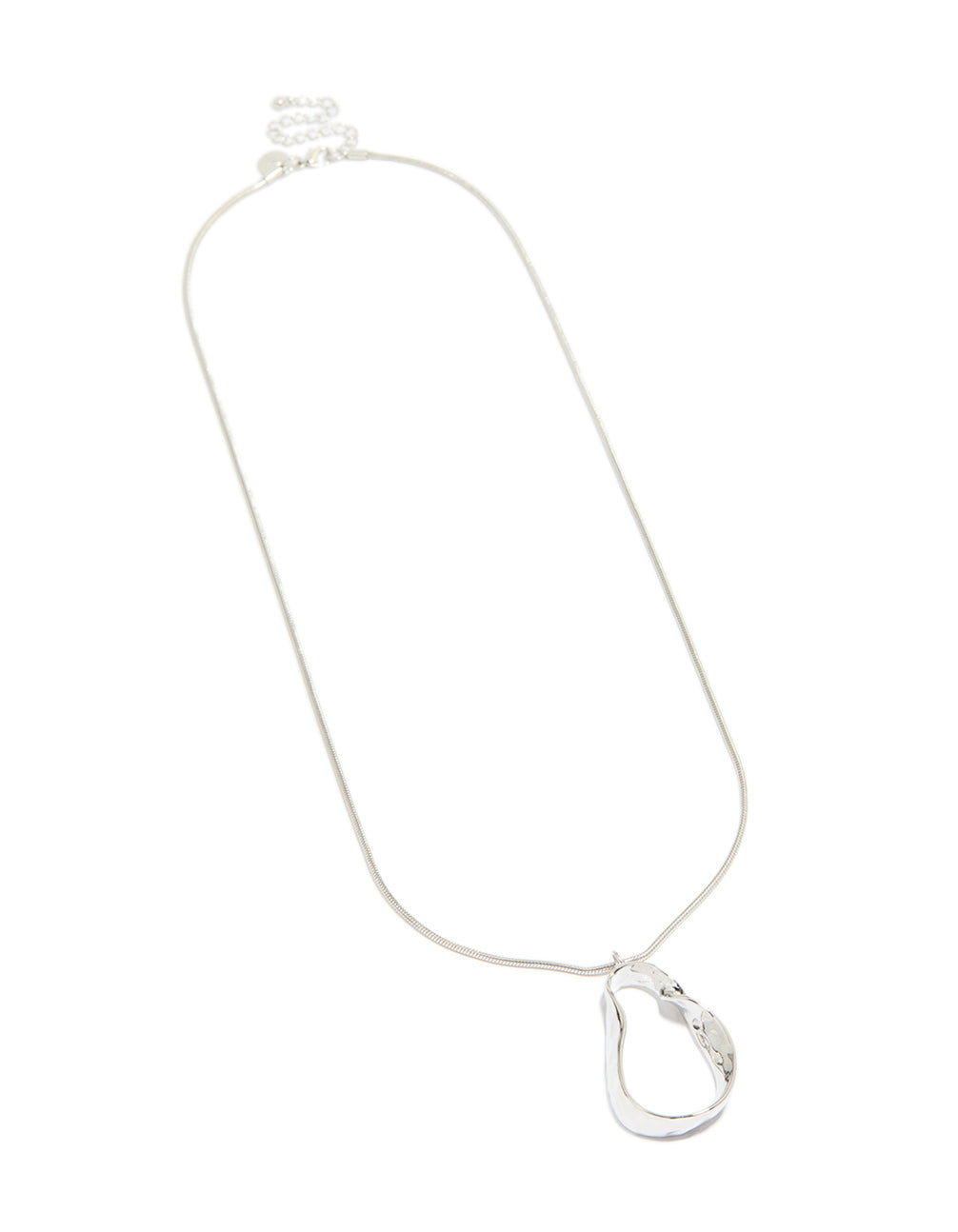 This silver metal chain pendant necklace features statement styling front view