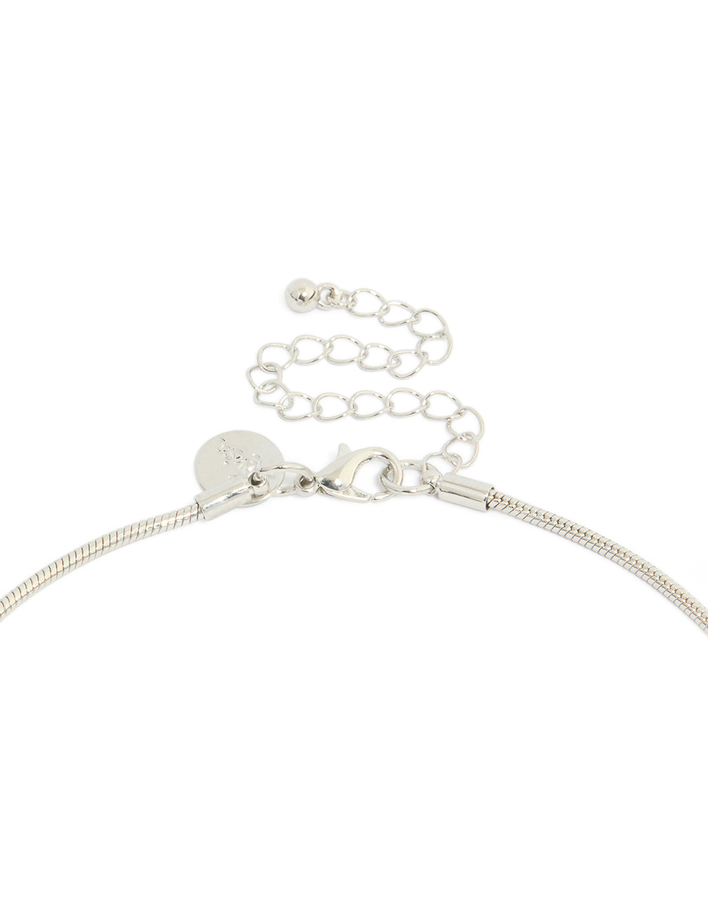 Explore the silver metal chain pendant necklace with statement design clasp detail view