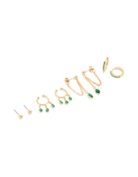Gold Plated Green Cubic Zirconia Ear Cuff & Huggie Earrings 4-Pack - link has visual effect only
