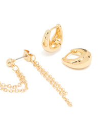 Gold Plated Huggie & Chain Earrings 3-Pack - link has visual effect only