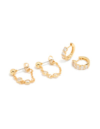Gold Plated Cubic Zirconia Huggie Chain & Stud Earrings 2-Pack - link has visual effect only