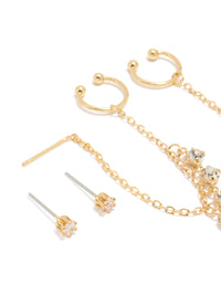 Gold Plated Chain Cubic Zirconia Chain Pull Through Earrings & Studs 3-Pack - link has visual effect only