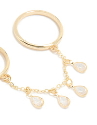 Gold Plated Cubic Zirconia Drop Chain Ring - link has visual effect only