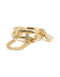 Gold Cubic Zirconia Pear Drop Chain Ring - link has visual effect only