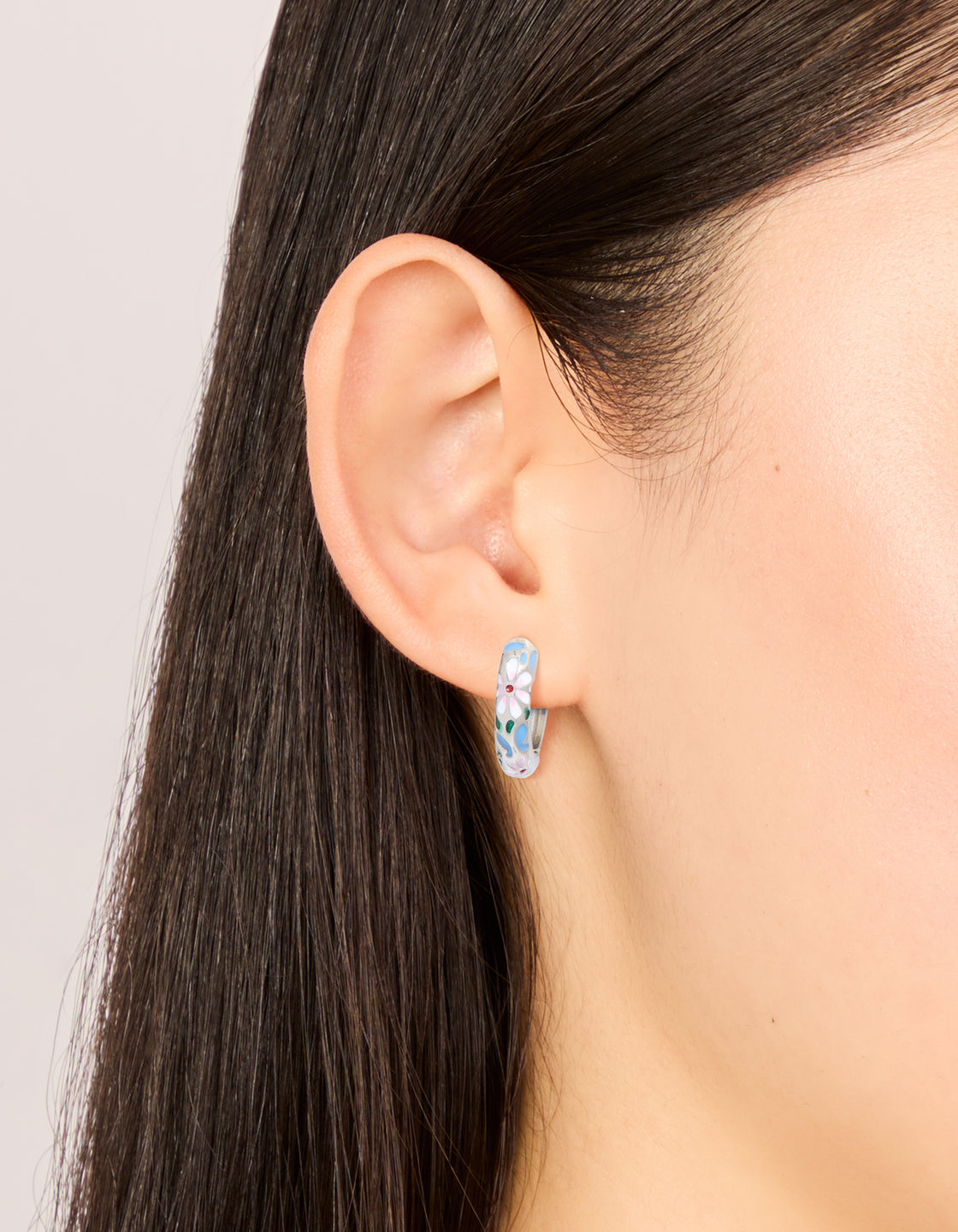 Silver Blue & Pink Enamel Flower Design Hoop Earrings