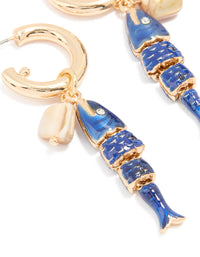Gold Blue Fish Charm Hoop Earrings - link has visual effect only