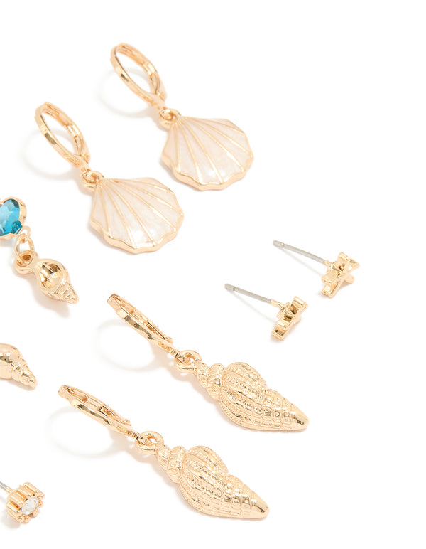Gold Sea-Themed Hoop Earrings 6-Pack