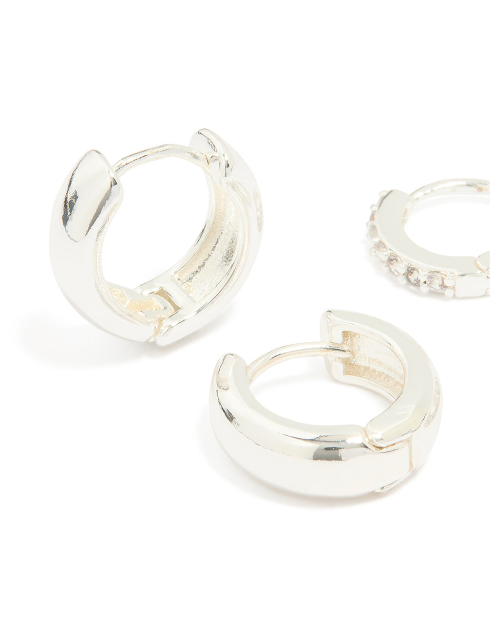 Silver Plated Brass Mini Cubic Zirconia & Plain Huggie Earrings 2-Pack