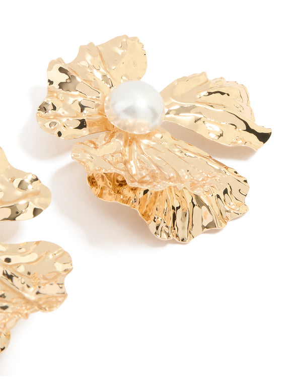 Gold Pearl Centre Molten Flower Stud Earrings