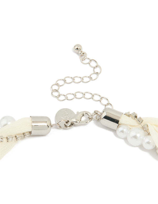 Silver Fabric Pearl Heart Pendant Necklace