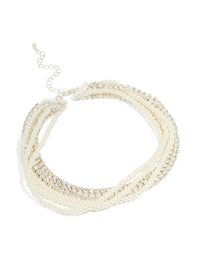 Silver Pearl Diamante Layered Choker Necklace - link has visual effect only