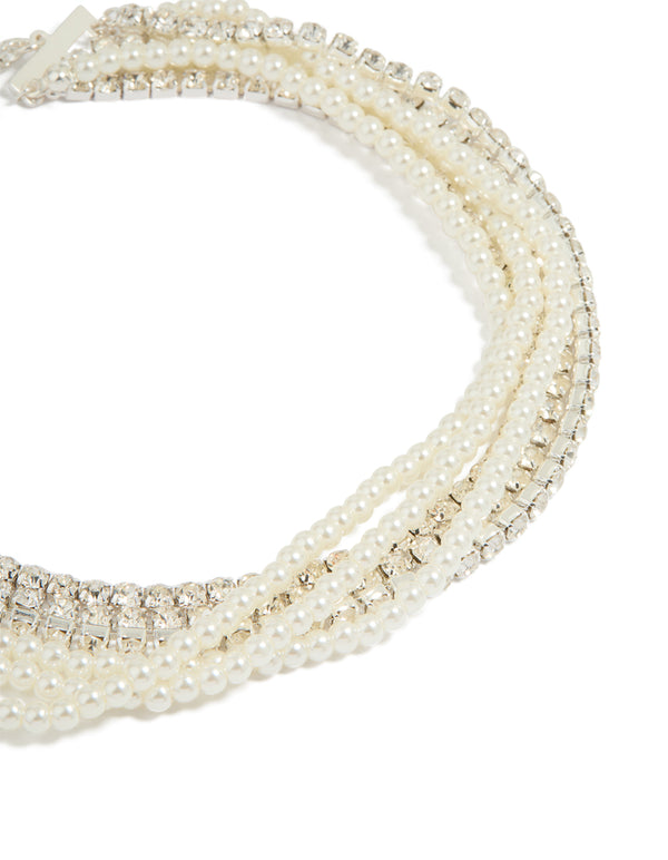 Silver Pearl Diamante Layered Choker Necklace