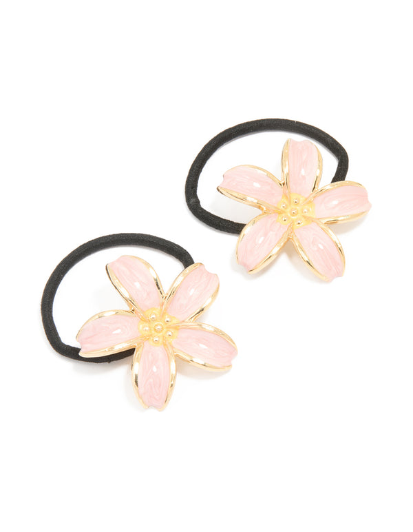 Gold Pink Enamel Flower Hair Ties 2-Pack