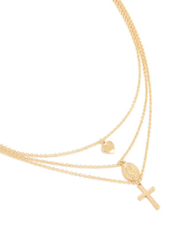 Gold Plated Heart Oval Cross Layered Necklace