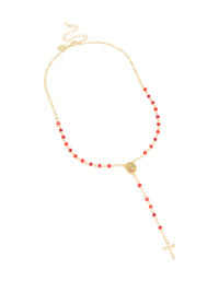 Gold Plated Red Beaded Cross Mary Lariat Necklace - link has visual effect only