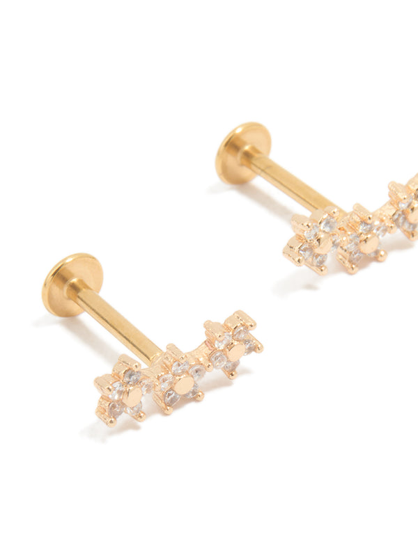 Gold Plated Surgical Steel Cubic Zirconia Flower Trio Flat Back Earrings