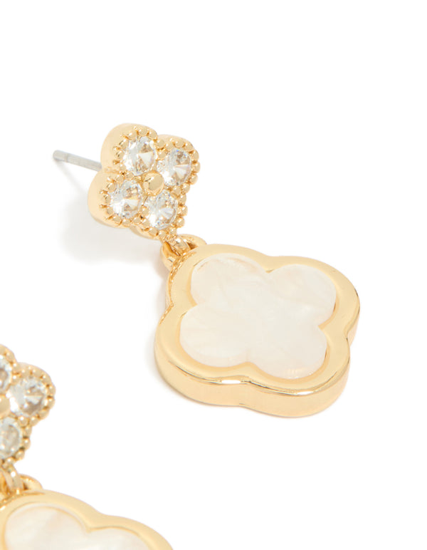Gold Plated Double Flower Cubic Zirconia Drop Earrings