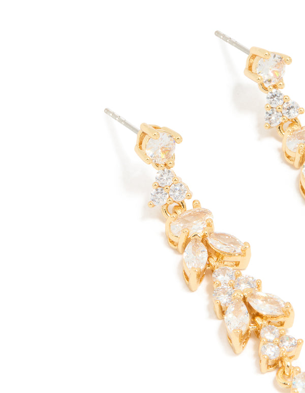 Gold Plated Cubic Zirconia Elongated Vine Drop Earrings