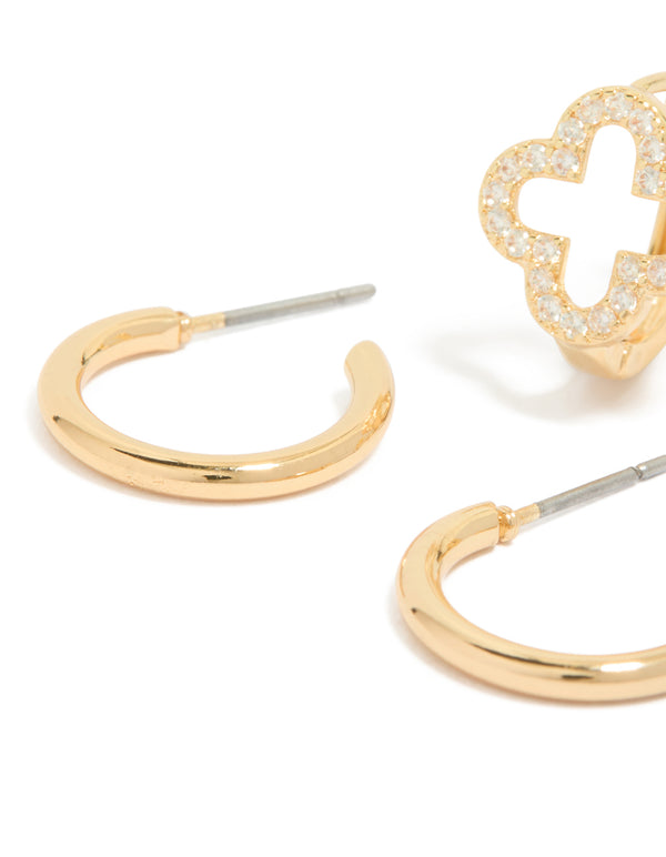 Gold Plated Cubic Zirconia Flower & Plain Huggie Earrings 2-Pack
