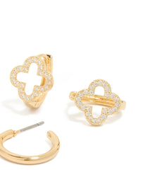 Gold Plated Cubic Zirconia Flower & Plain Huggie Earrings 2-Pack - link has visual effect only