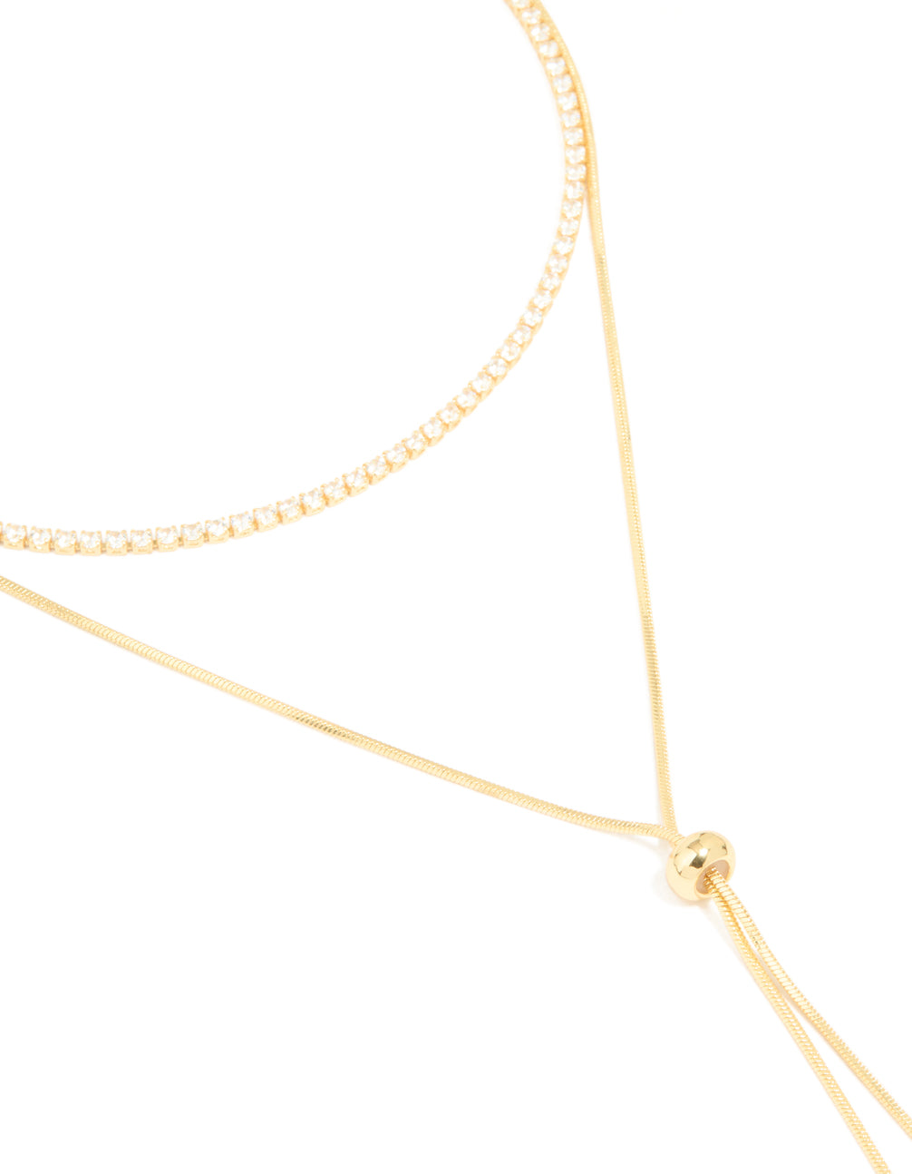 Gold Plated Cubic Zirconia Cup Chain & Snake Chain Y-Layered Necklace