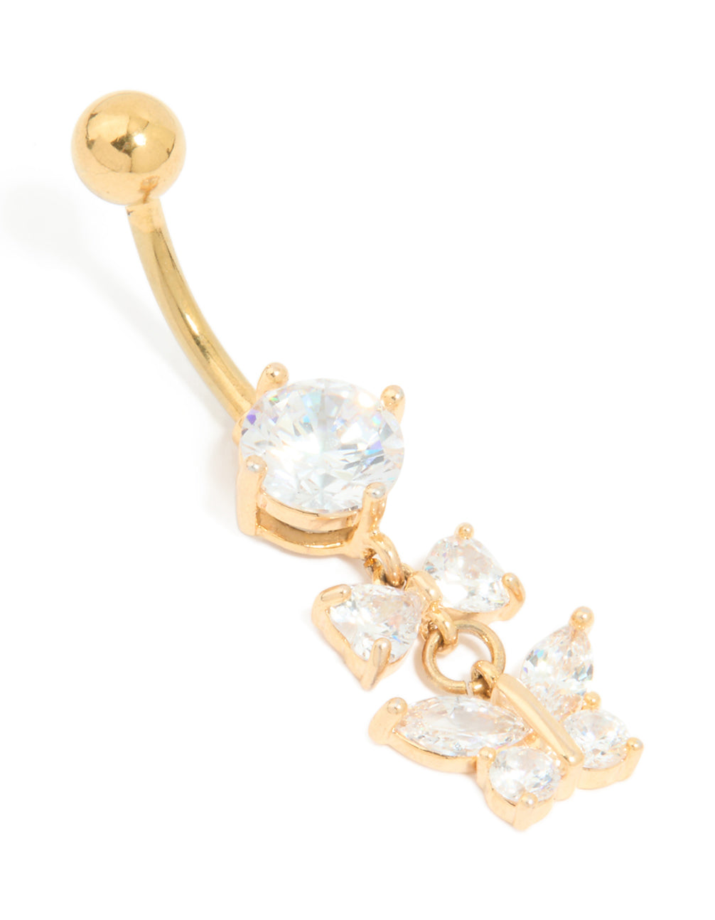 Gold Plated Surgical Steel Cubic Zirconia Bow & Butterfly Drop Belly Bar