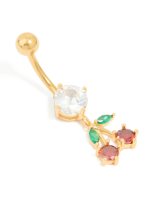 Gold Plated Surgical Steel Cubic Zirconia Cherry Drop Belly Bar