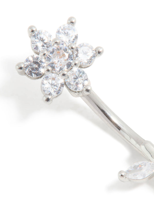 Surgical Steel Cubic Zirconia Flower Thread Through Belly Bar