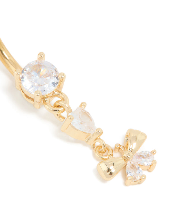 Gold Plated Titanium Cubic Zirconia Fine Bow Drop Belly Bar