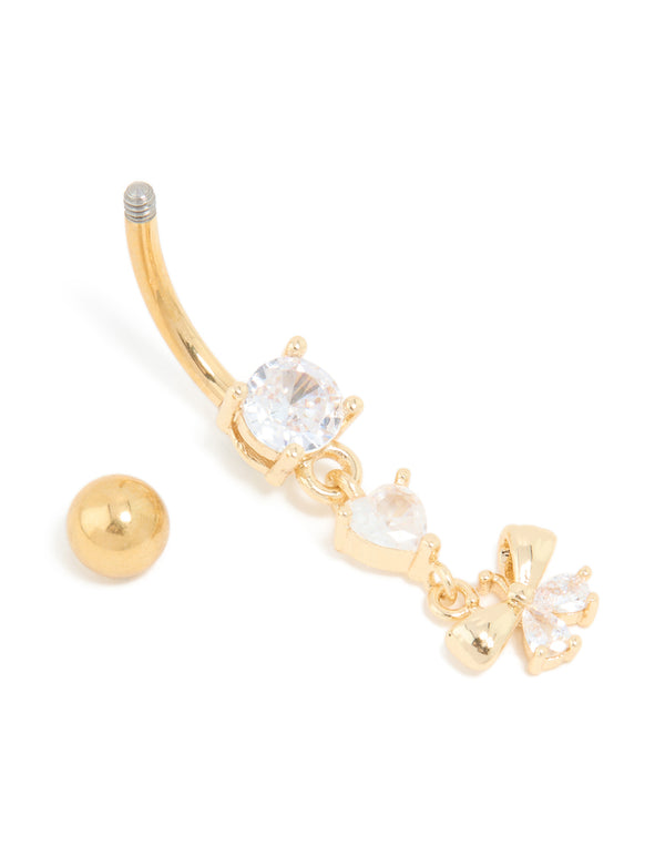 Gold Plated Titanium Cubic Zirconia Fine Bow Drop Belly Bar