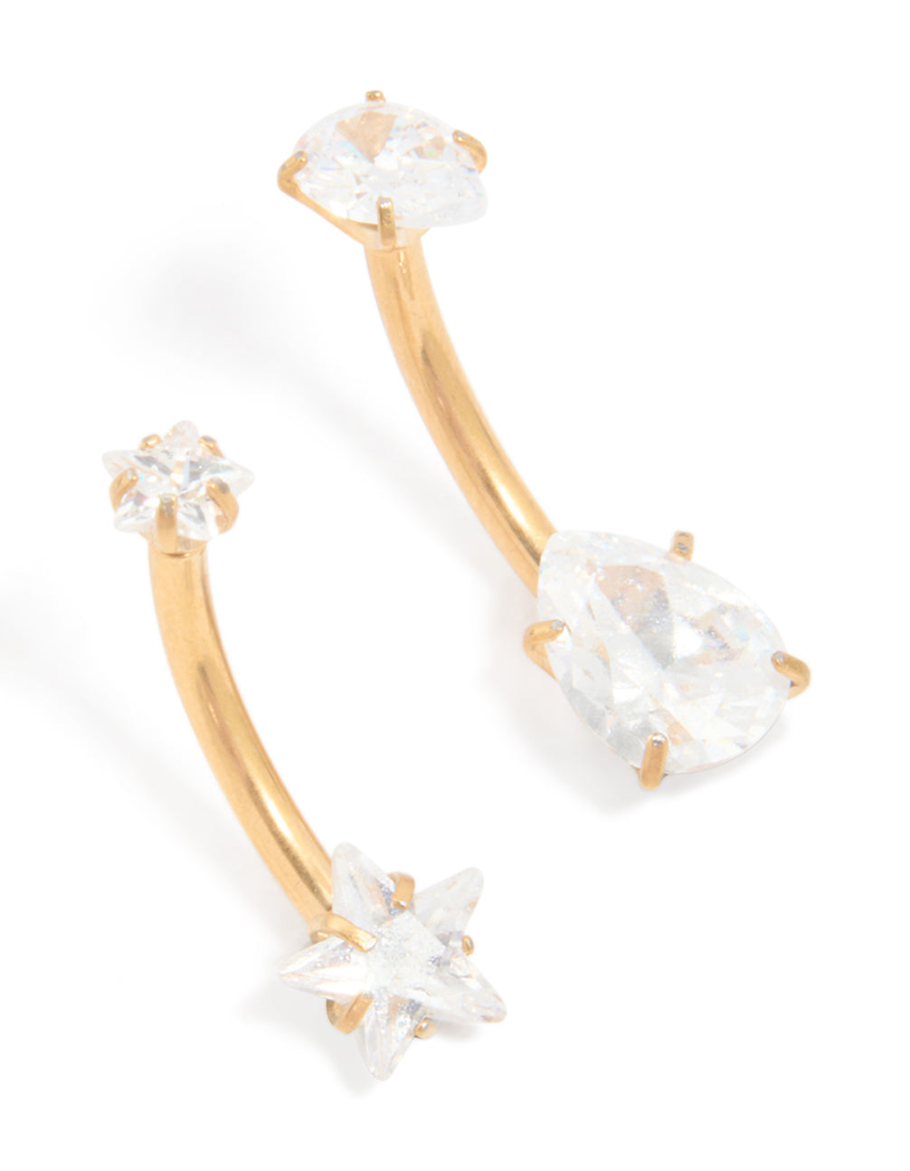 Gold Plated Titanium Cubic Zirconia Star & Pear Belly Bars 2-Pack