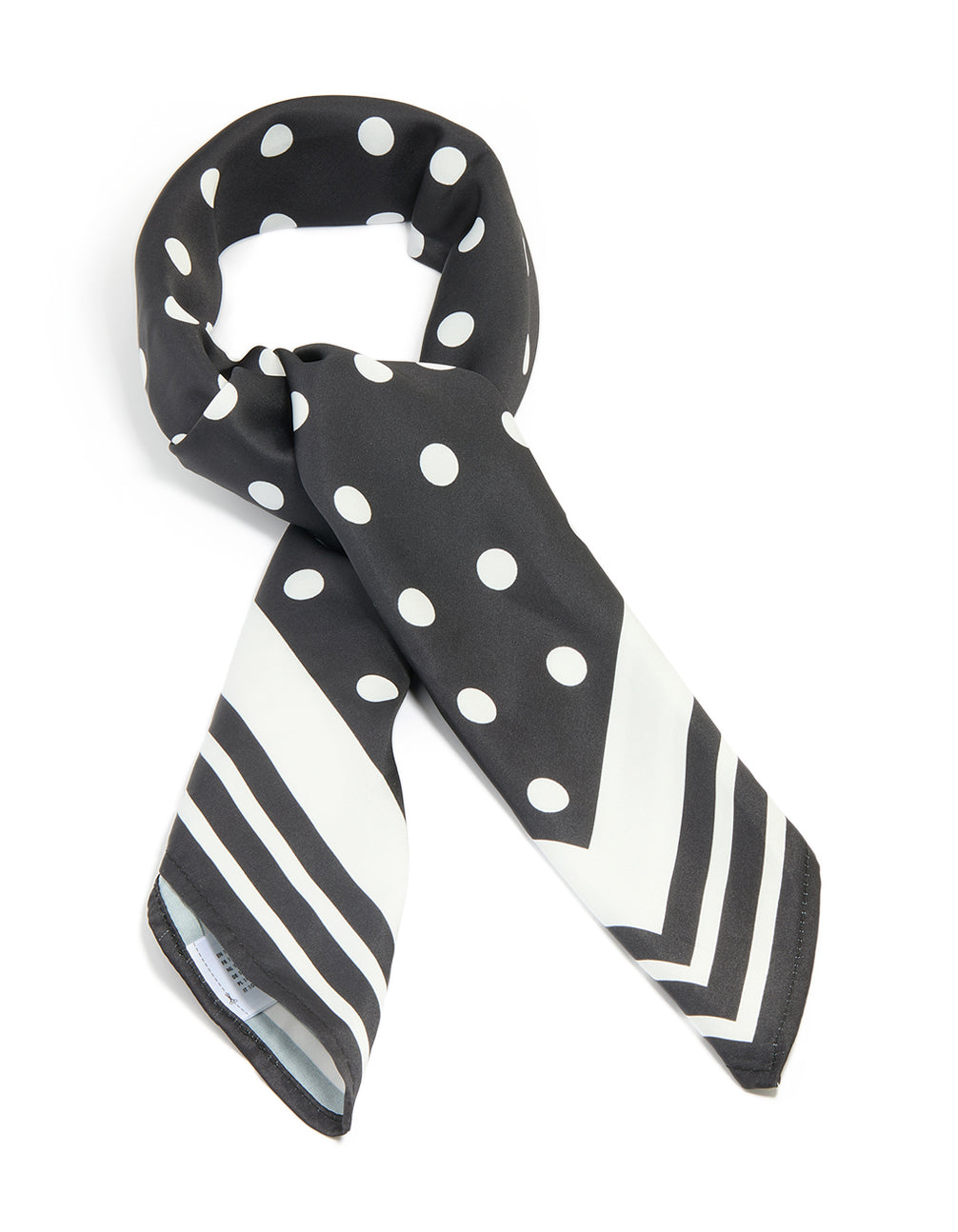 Showcasing a polka dot fabric scarf in black and white front view