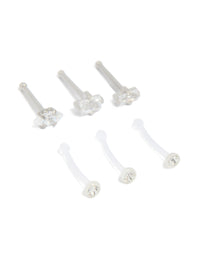 Surgical Steel Cubic Zirconia & Clear Nose Studs 6-Pack - link has visual effect only
