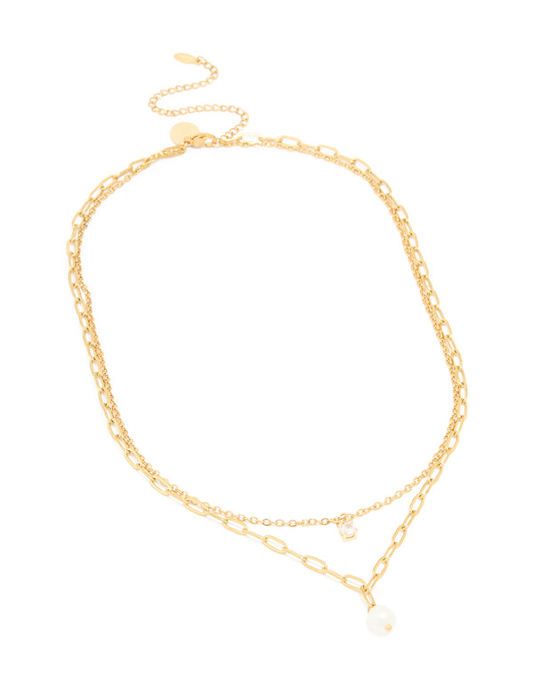 Waterproof Gold Plated Stainless Steel Pearl Chain Layered Necklace