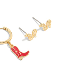 Gold Plated Red Cowboy & Snake Earrings 3-Pack - link has visual effect only