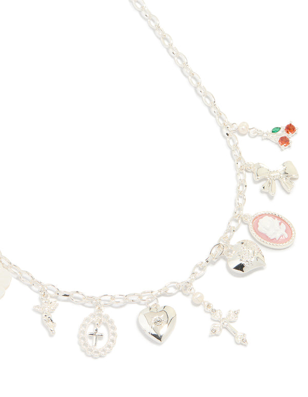 Silver Plated Multi Heart & Cross Charm Necklace