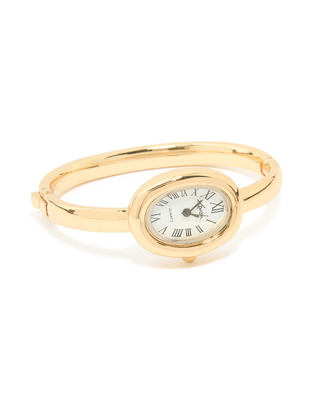 Shop this women's analog oval statement bangle watch featuring white dial with roman numerals and gold band design for casual occasions front view