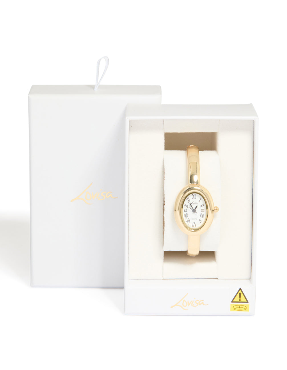 Browse this women's analog oval statement bangle watch with white dial featuring roman numerals, crafted with gold band design for casual occasions, displayed in case detail view