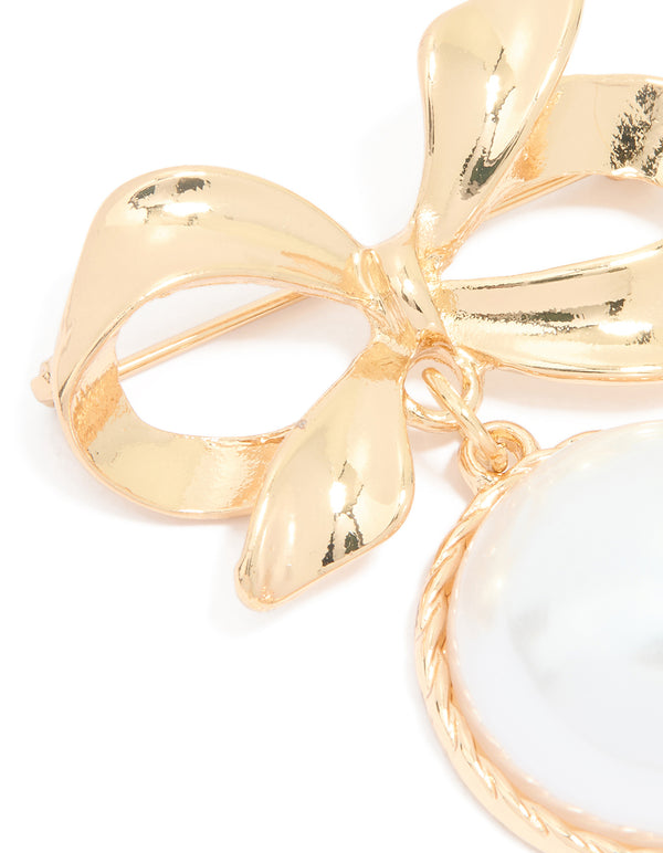 Gold Large Drop Pearl & Bow Brooch